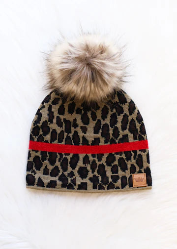 Leopard Print Red Strip Knit Hat with Pom Pom