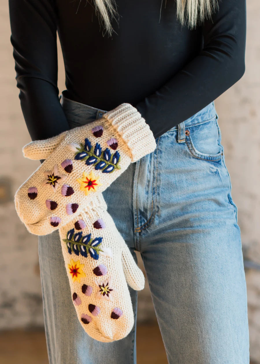 Ivory Hand Stitched Floral Mittens