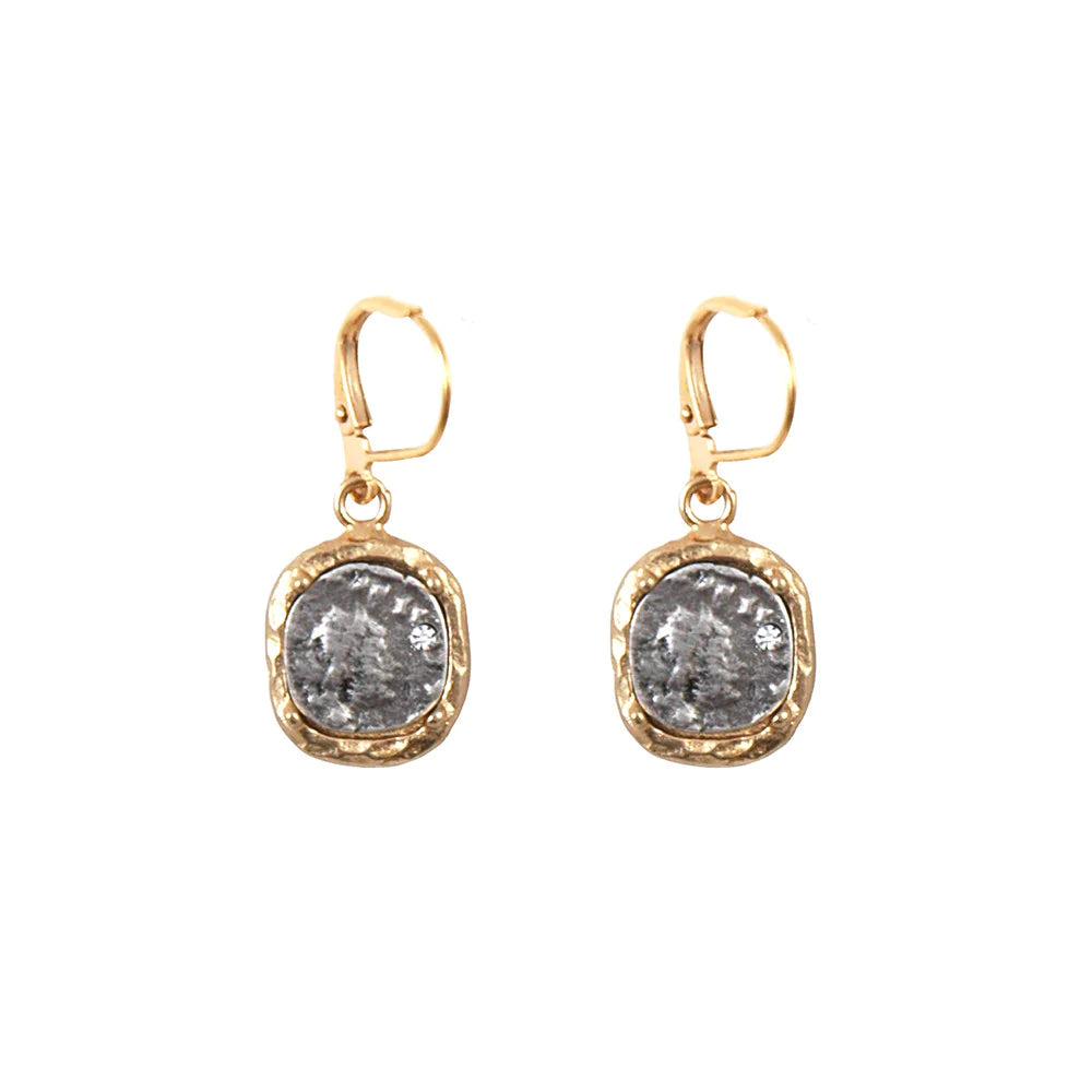 Gold Pave Coin & Frame Dangle Earrings