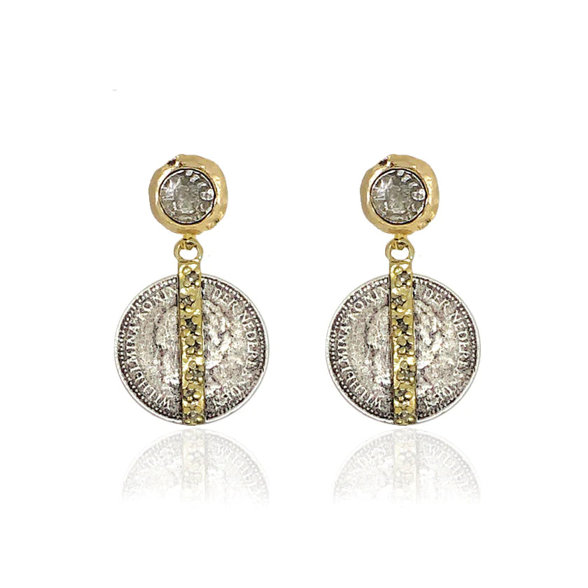 Gold Toledo & Mini Wilhelmina Coin Earrings w/Crystal Bar